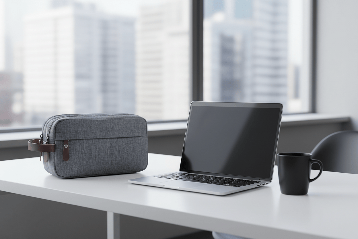Trousse grise sur bureau