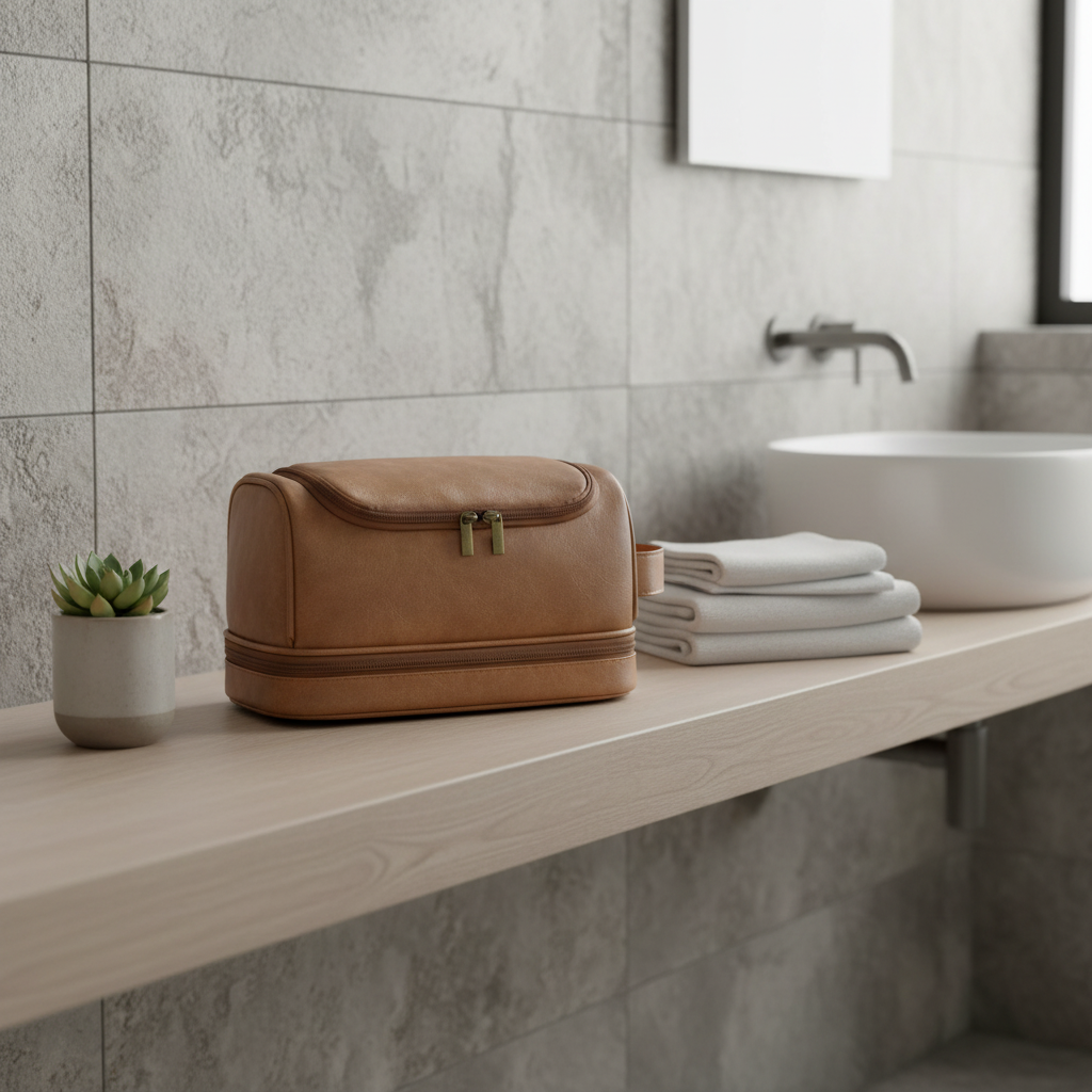 Trousse marron clair sur étagère en bois