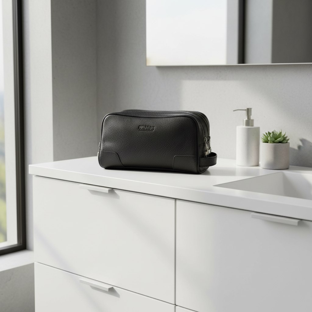 Trousse noire salle de bain blanche
