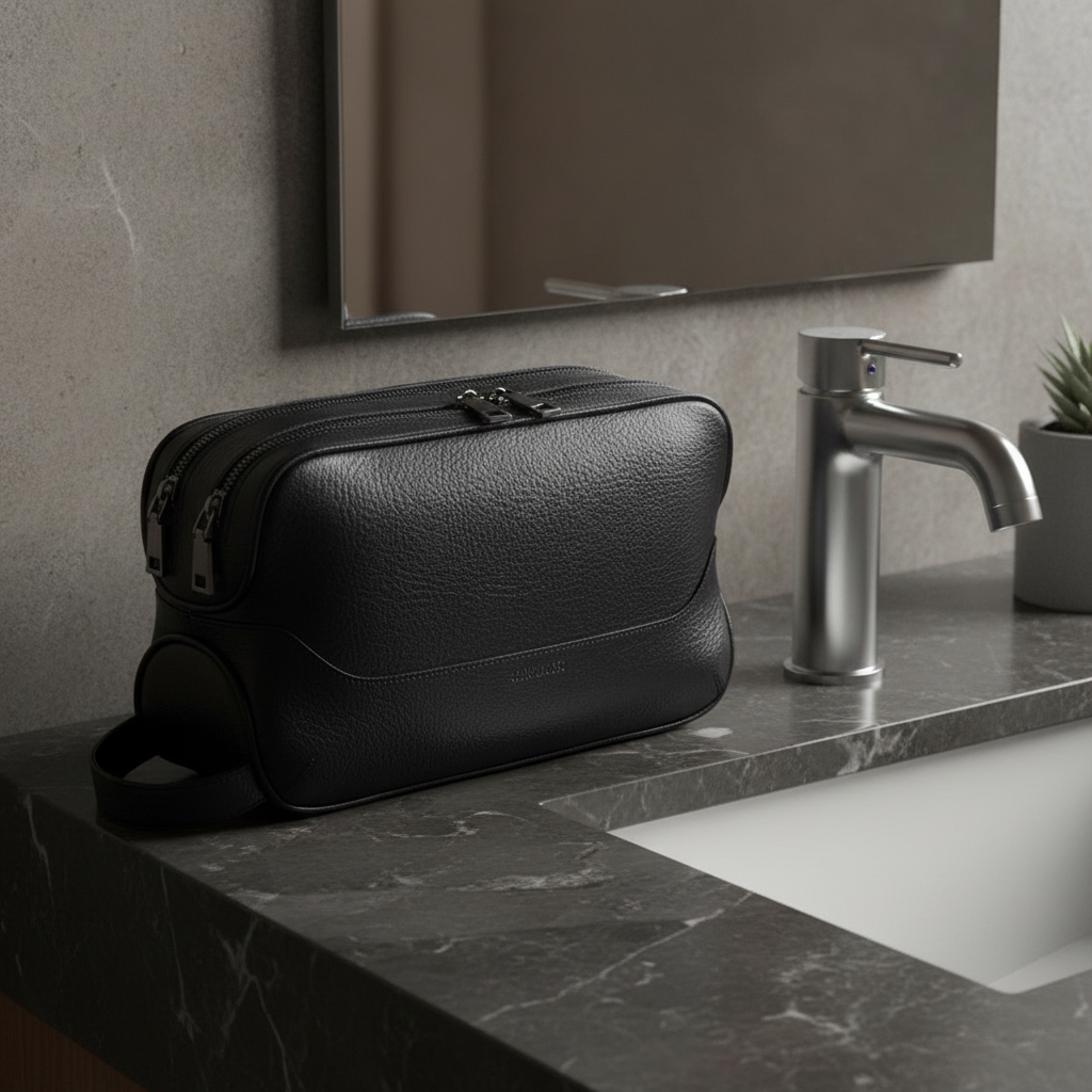 Trousse noire sur marbre sombre