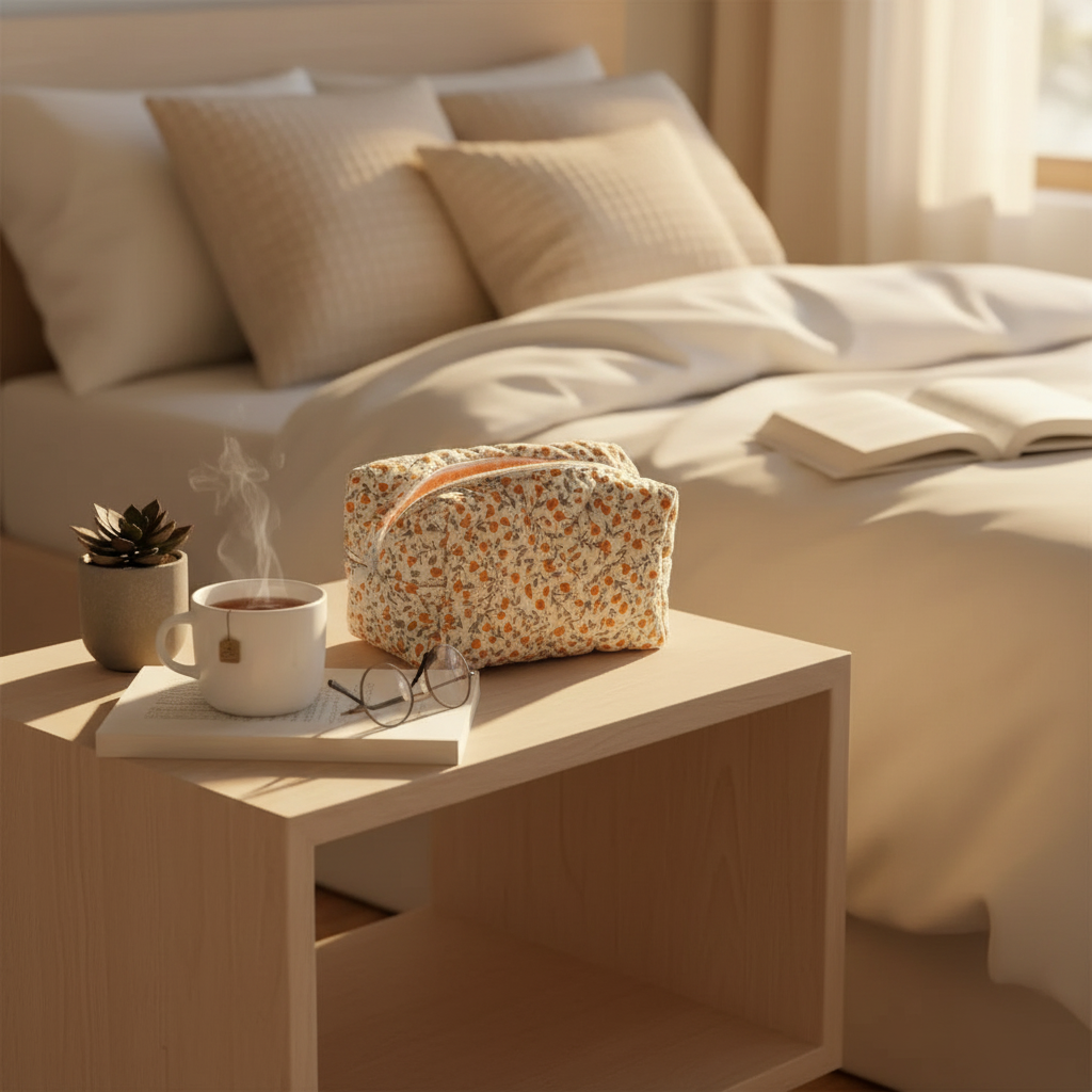 Trousse orange sur table de chevet