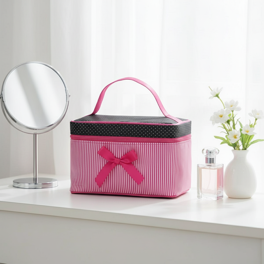 Trousse rayée sur table de maquillage