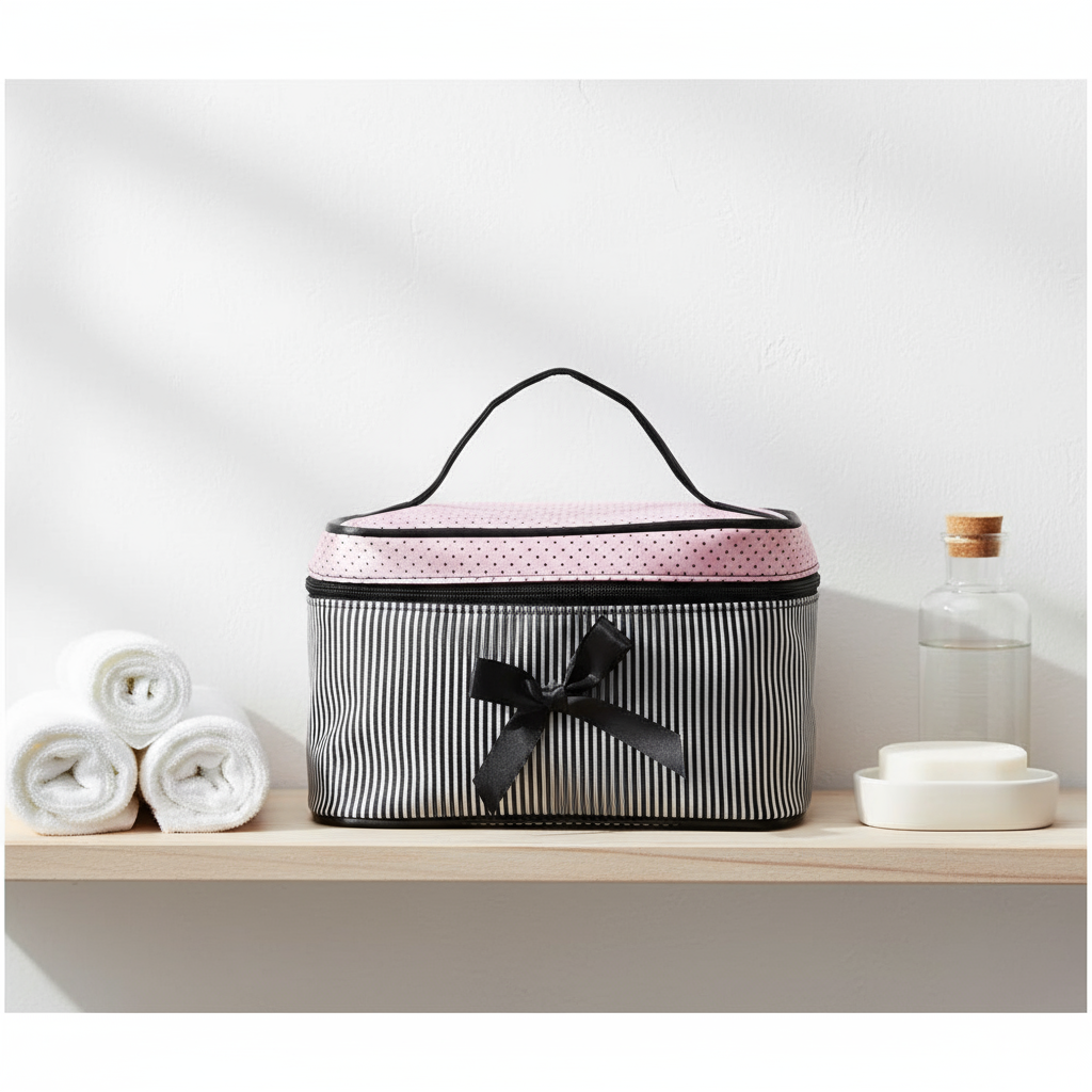 Trousse rayée sur étagère