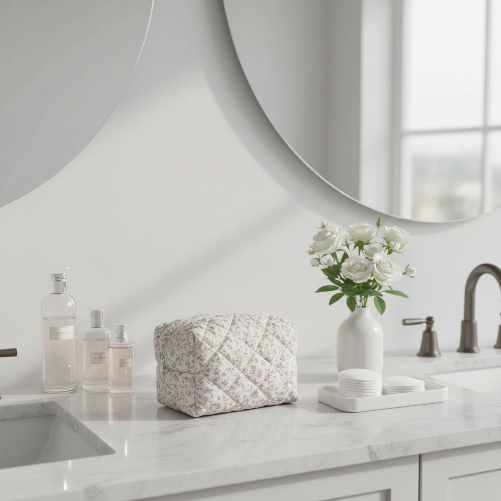 Trousse rose sur marbre gris