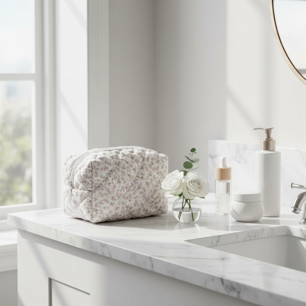 Trousse rose sur vanité marbre