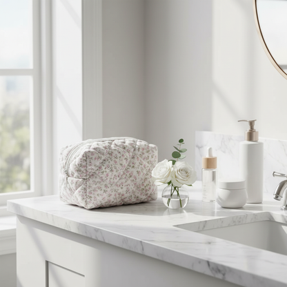 Trousse rose sur vanité marbre