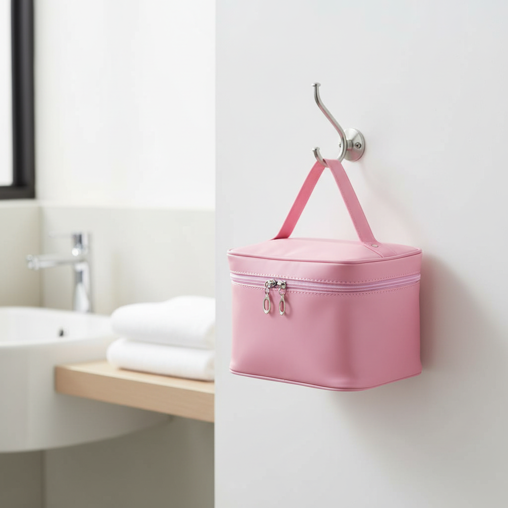 Trousse rose suspendue dans salle de bain