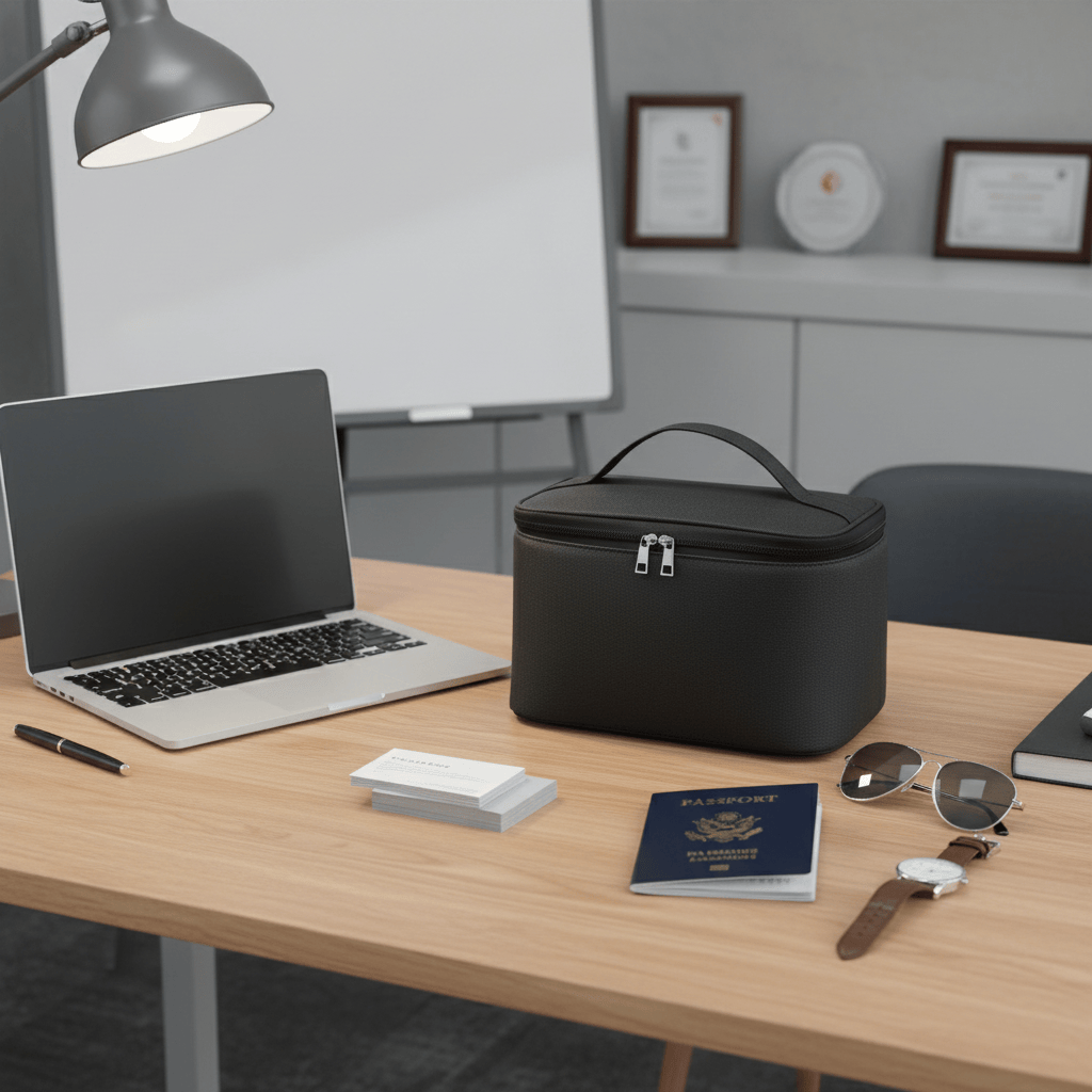 Trousse sur bureau avec accessoires voyage