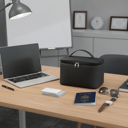 Trousse sur bureau avec accessoires voyage