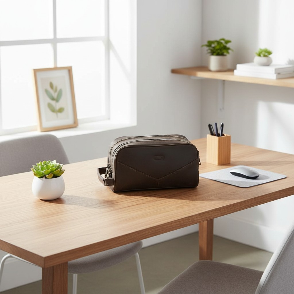 Trousse sur bureau en bois