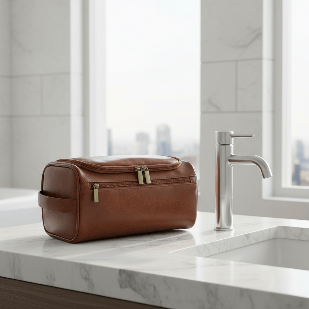 Trousse sur comptoir de salle de bain