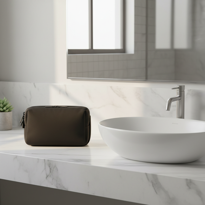 Trousse sur comptoir de salle de bain