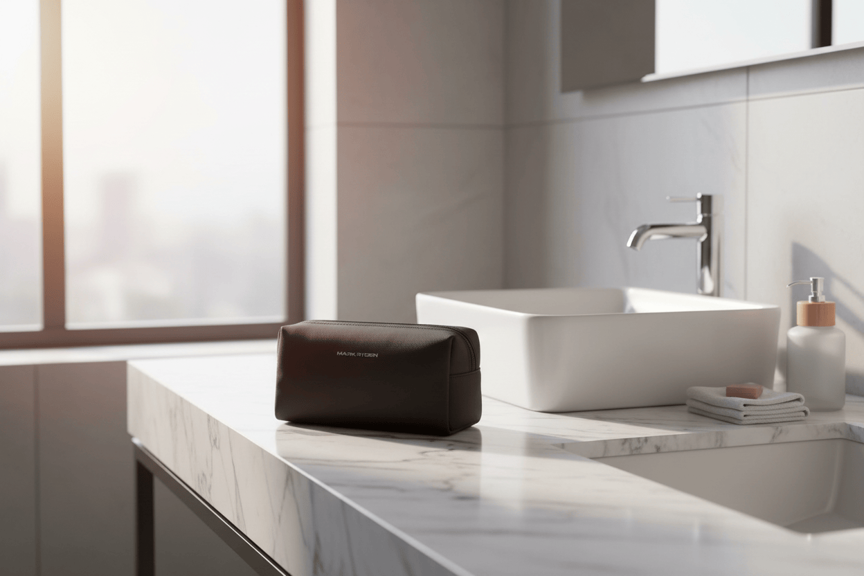 Trousse sur comptoir de salle de bain