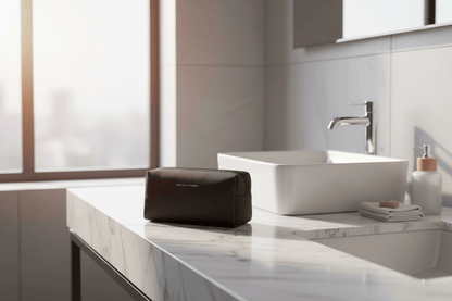 Trousse sur comptoir de salle de bain