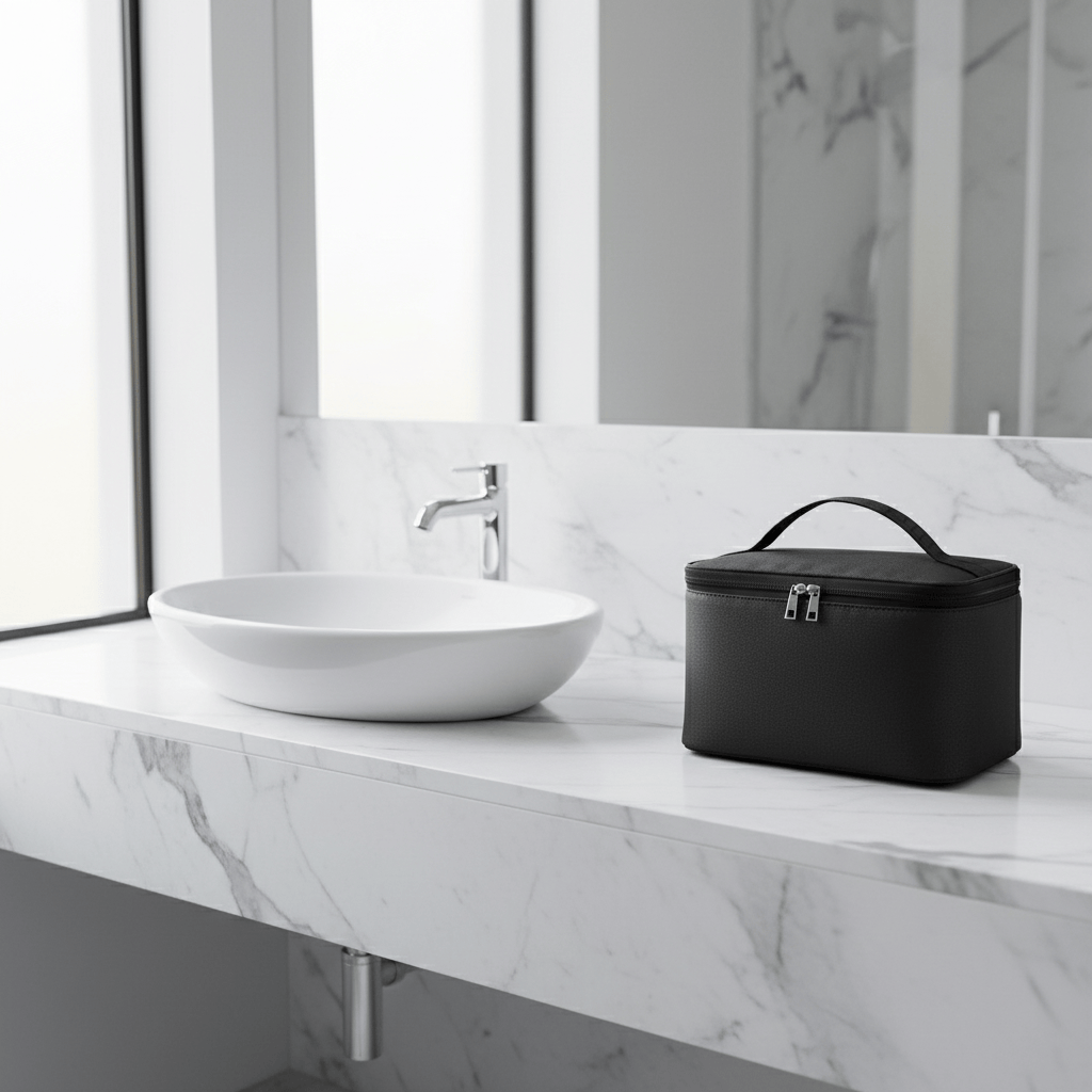 Trousse sur comptoir de salle de bain