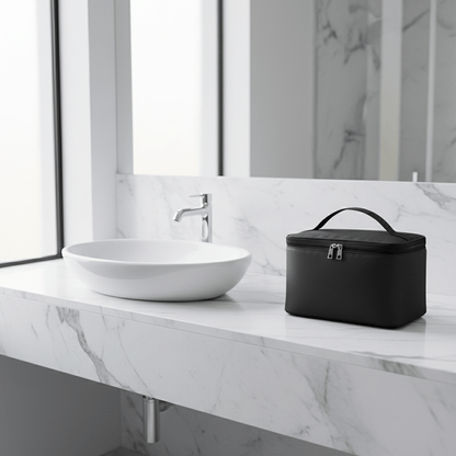 Trousse sur comptoir de salle de bain