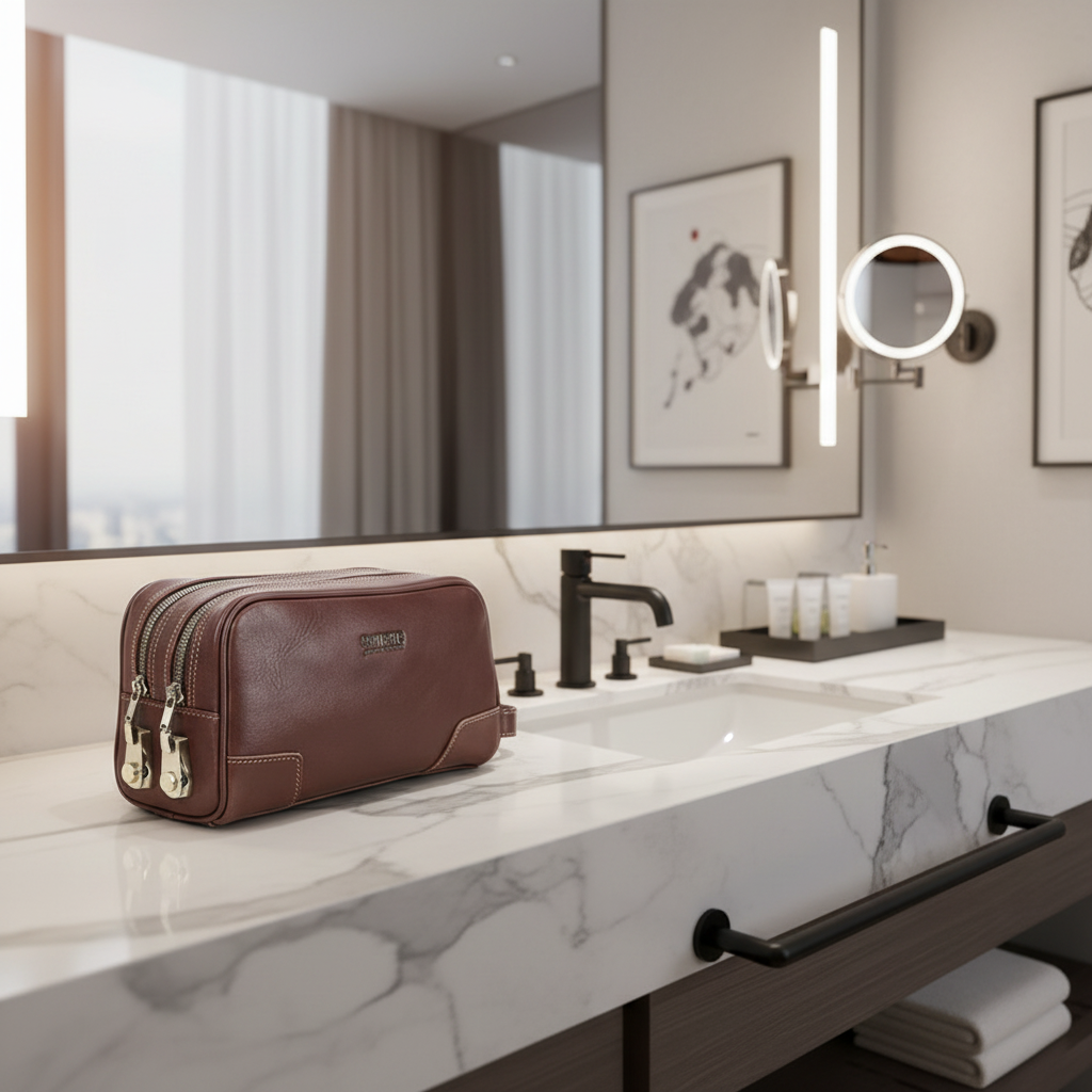 Trousse sur comptoir de salle de bain