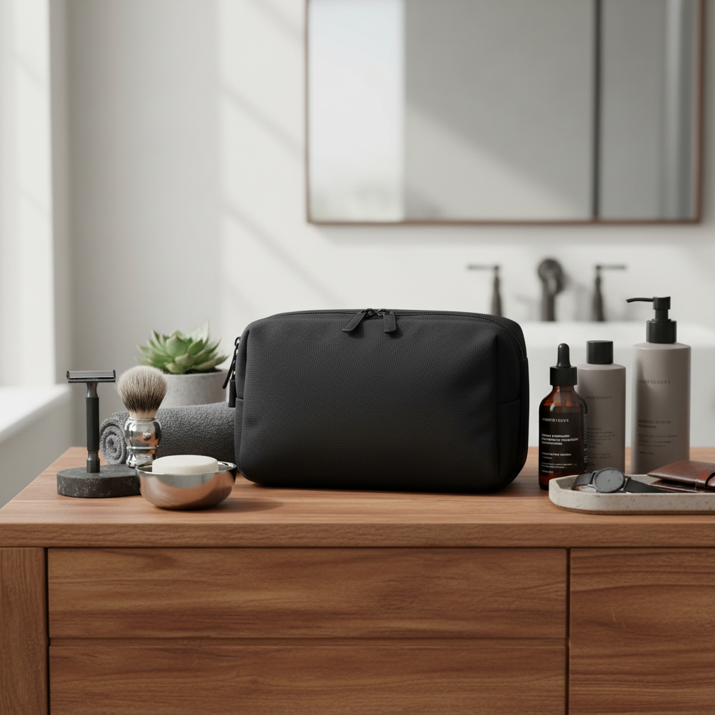 Trousse sur meuble de toilette