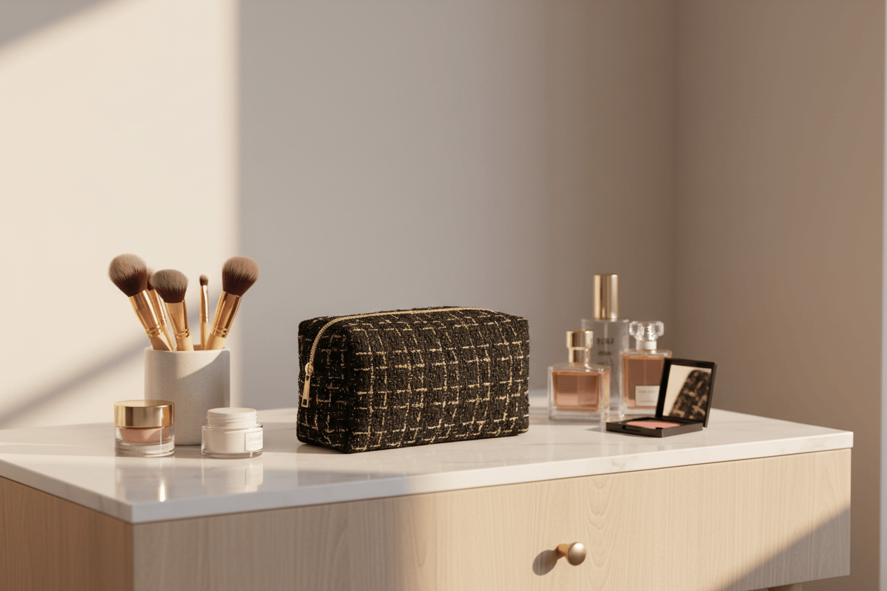 Trousse sur table de maquillage