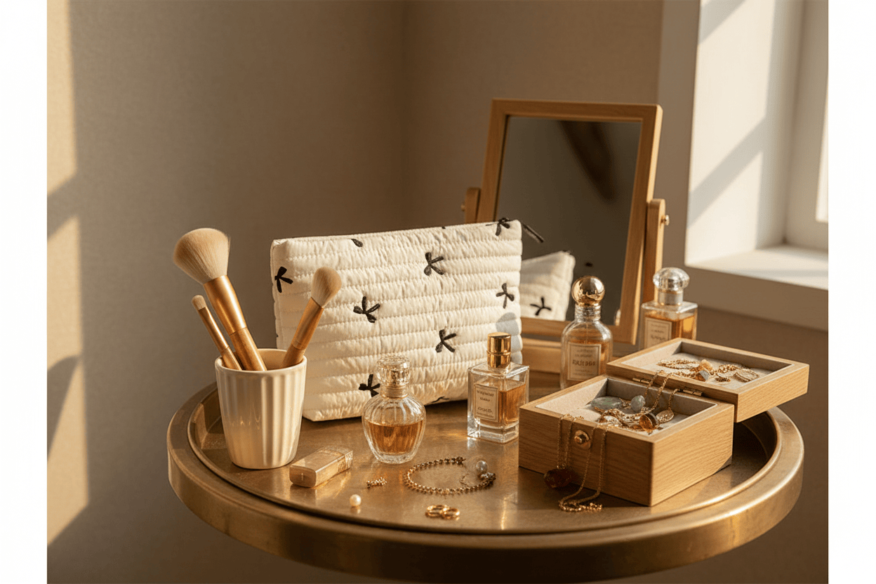 Trousse sur table de maquillage