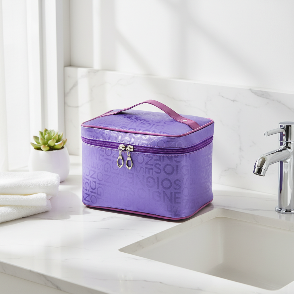 Trousse violette sur comptoir de salle de bain