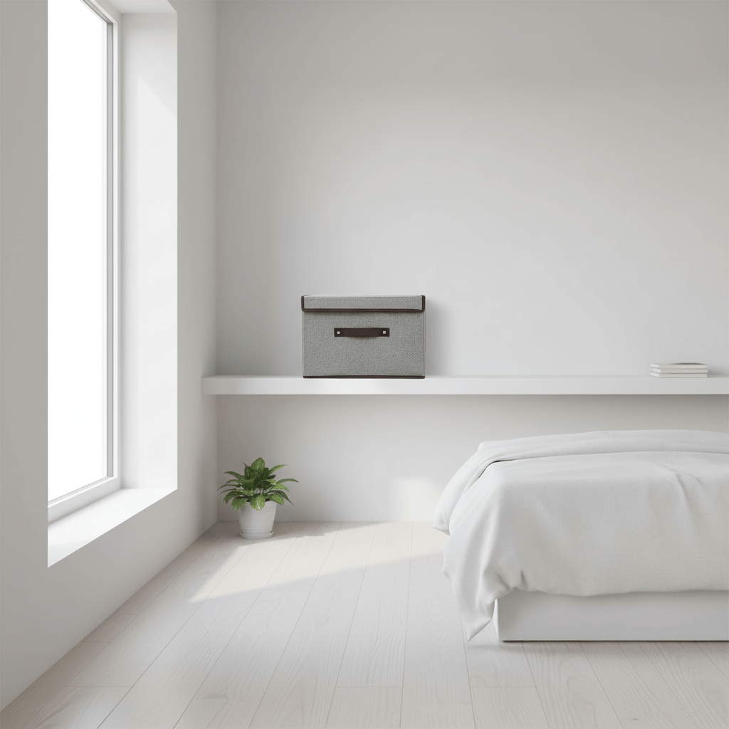 Une boîte grise sur étagère