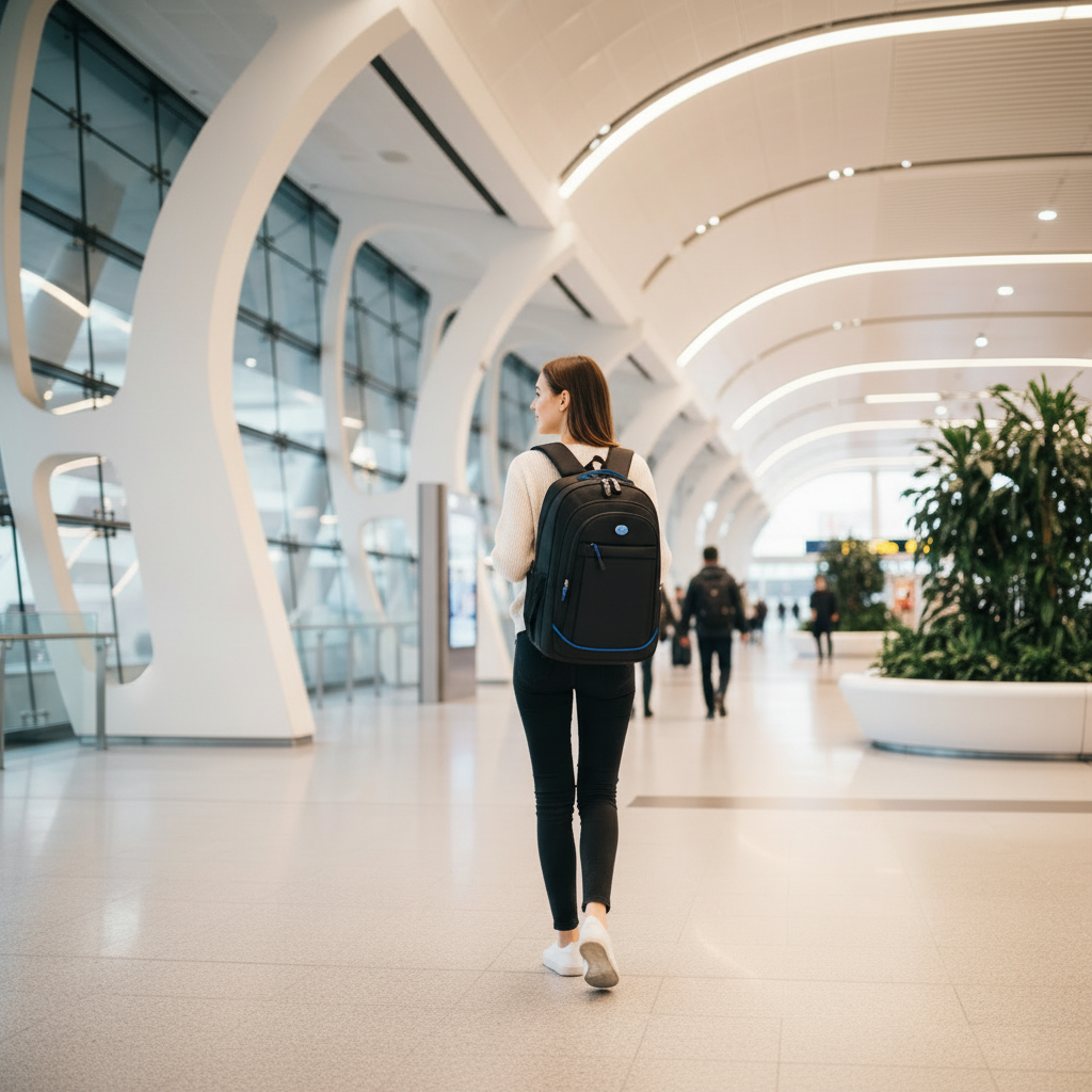 Voyageur avec sac à dos dans le hall de gare