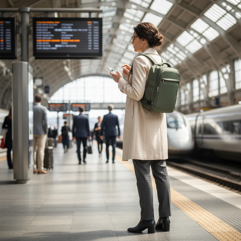 Voyageur consultant les horaires avec sac compact