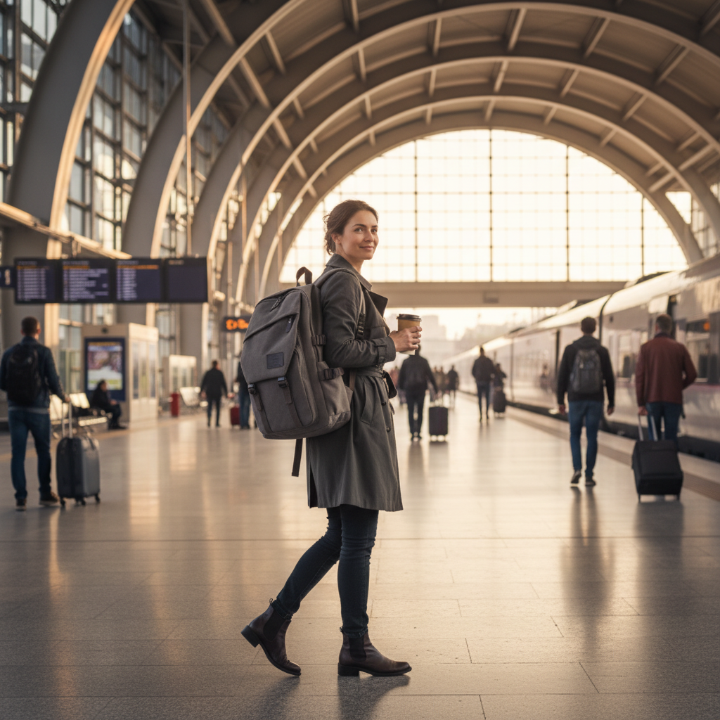 Voyageur en gare avec sac à dos