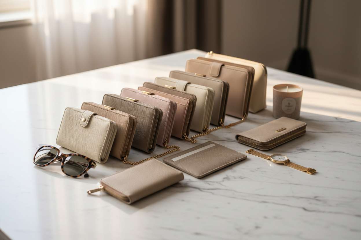 Wallet collection on marble countertop